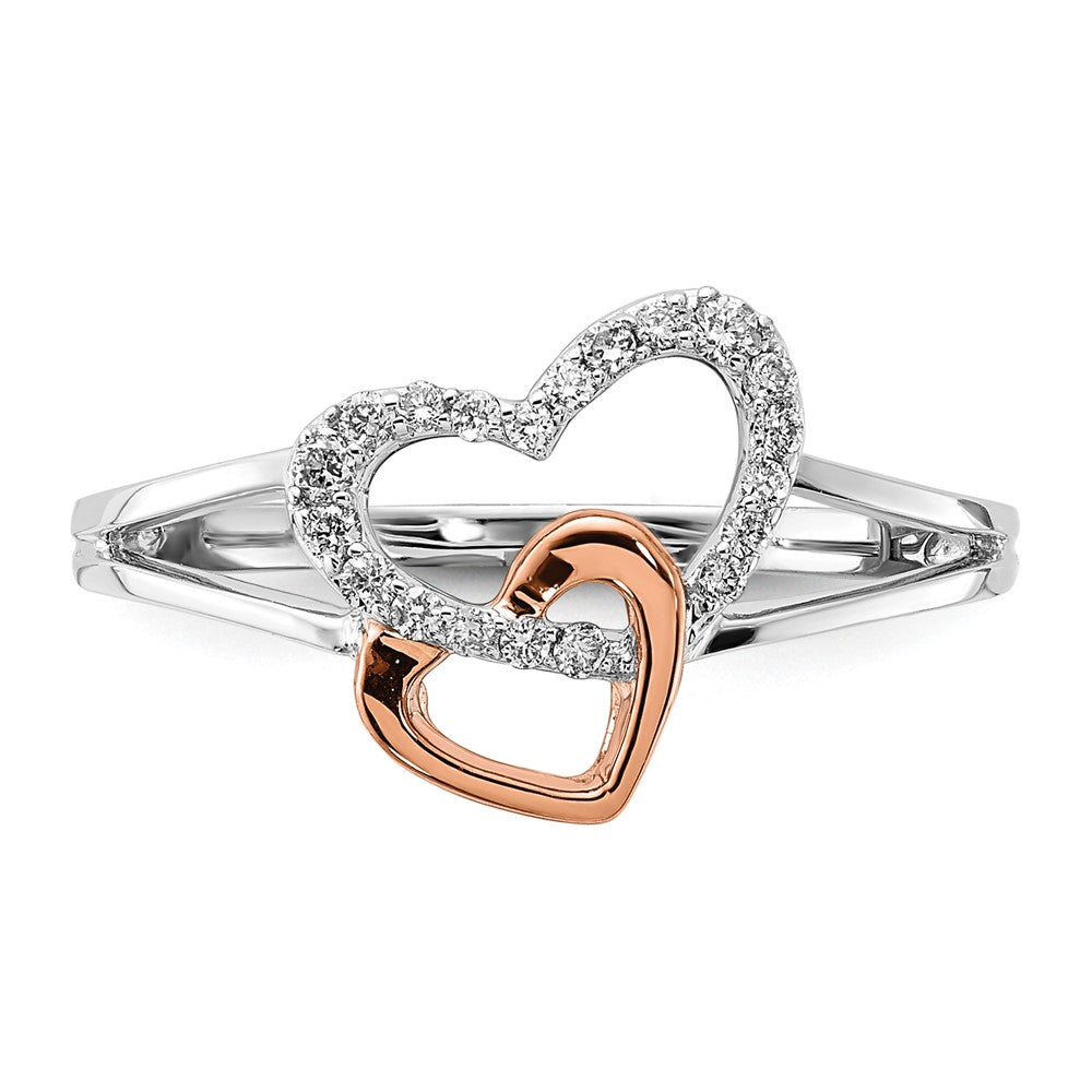 14K Bicolor Weiß/ Roségold Diamant Doppelt Herz Ring