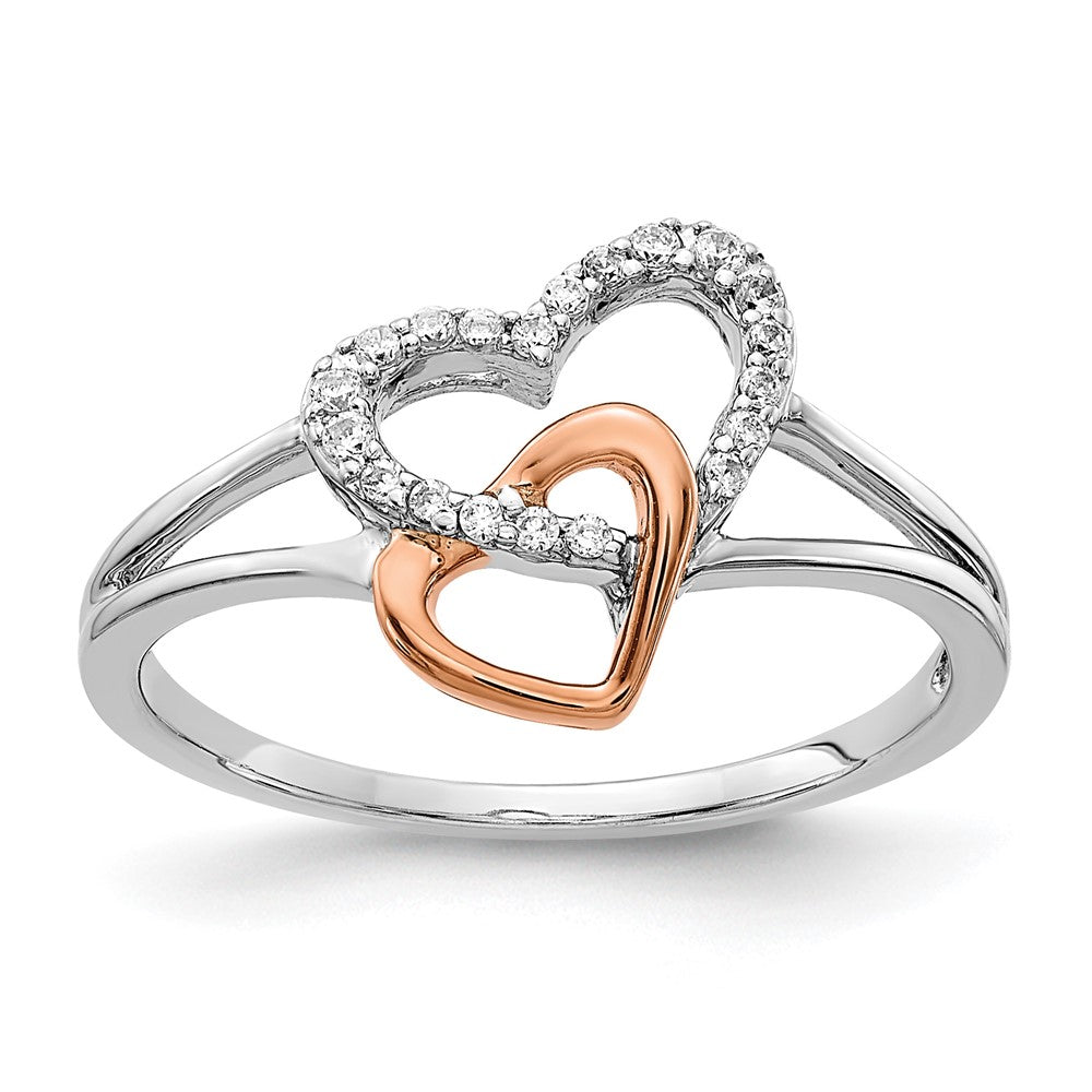 14K Bicolor Weiß/ Roségold Diamant Doppelt Herz Ring