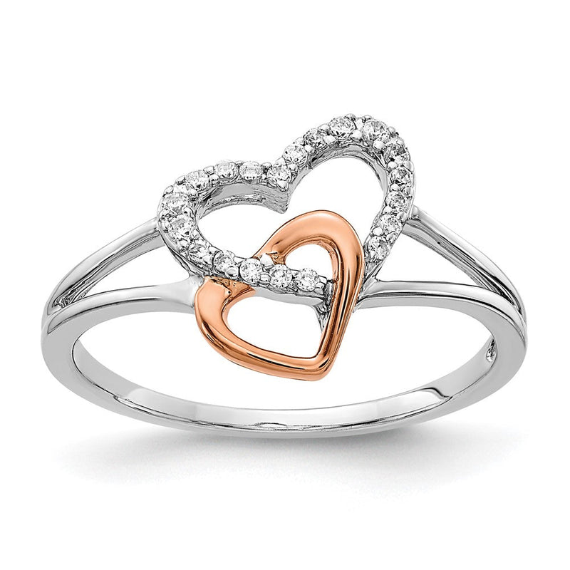 14K Weiß-/Roségold Ring mit natürlichen Diamanten, Doppelherz