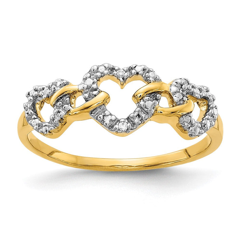 14K Gelbgold Ring mit dreifachem Herz und natürlichen Diamanten