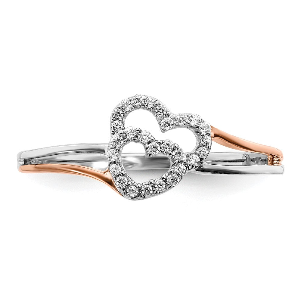 14K Bicolor Weiß und Roségold Diamant Poliert Doppelt Herz Ring