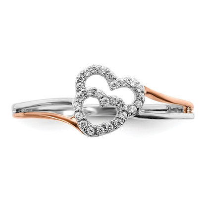 14K Bicolor Weiß und Roségold Diamant Poliert Doppelt Herz Ring