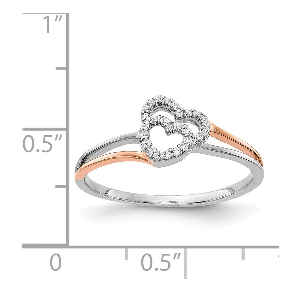 14K Bicolor Weiß und Roségold Diamant Poliert Doppelt Herz Ring