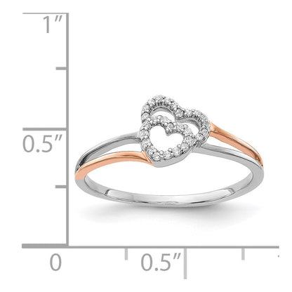 14K Bicolor Weiß und Roségold Diamant Poliert Doppelt Herz Ring