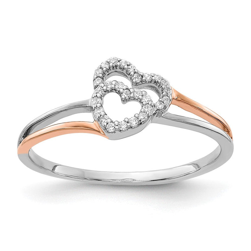 14K Bicolor Weiß und Roségold Diamant Poliert Doppelt Herz Ring