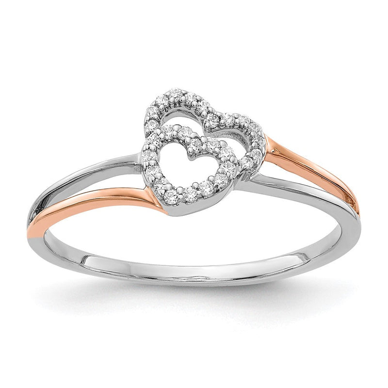 14K Weiß- und Roségold Ring mit poliertem Doppelherz und natürlichen Diamanten