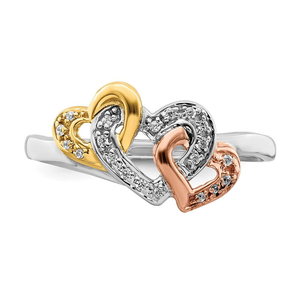 14K Tricolor Diamant Dreifach Herz Ring