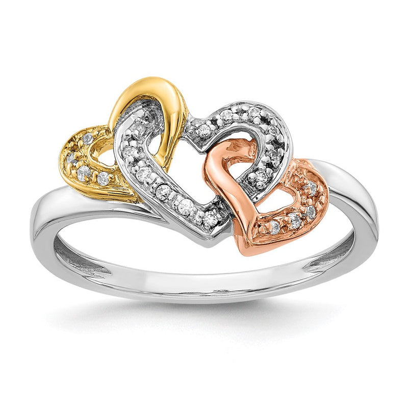 14K Tricolor-Gold Ring mit natürlichen Diamanten und dreifachem Herz