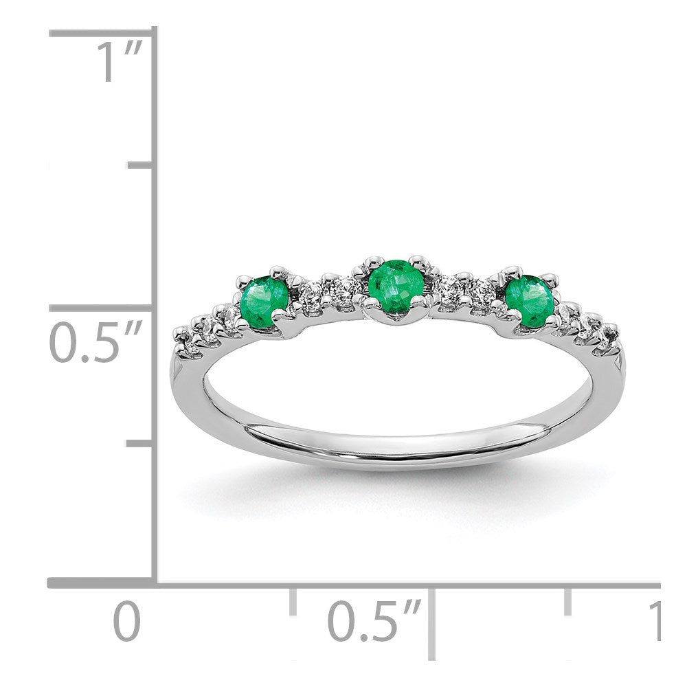 14K Weißgold Ring mit echtem Diamant und Smaragd, 3-Steine