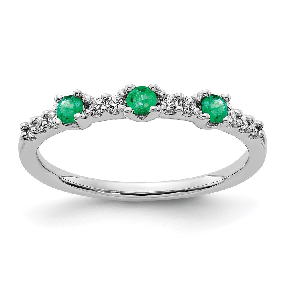 14K Weißgold Ring mit echtem Diamant und Smaragd, 3-Steine