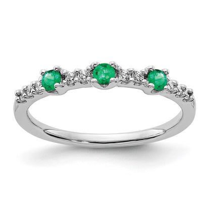 14K Weißgold Ring mit echtem Diamant und Smaragd, 3-Steine
