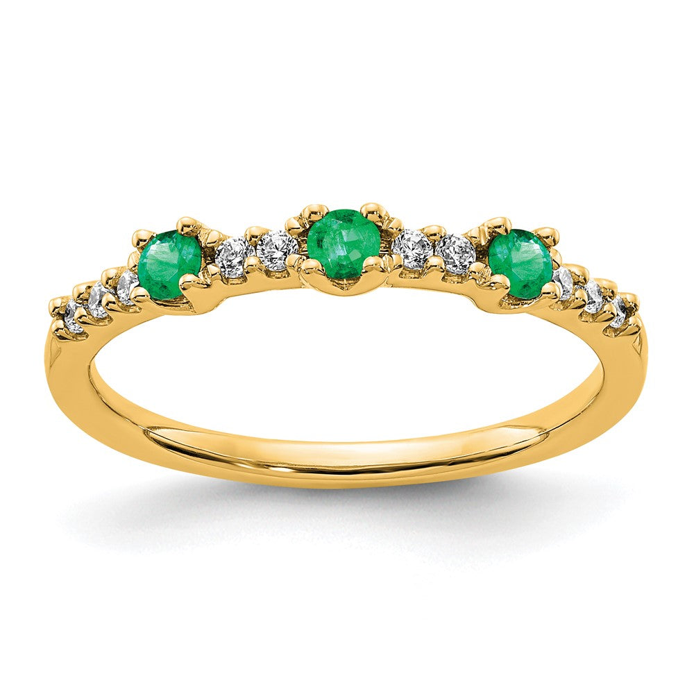 14K Gelbgold Ring mit echtem Diamant und Smaragd, 3 Steine