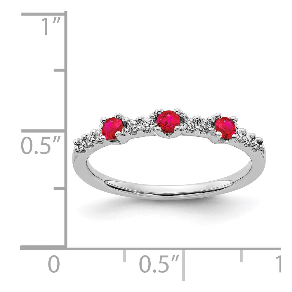 14K Weißgold Ring mit echten Diamanten und Rubin, 3 Steine