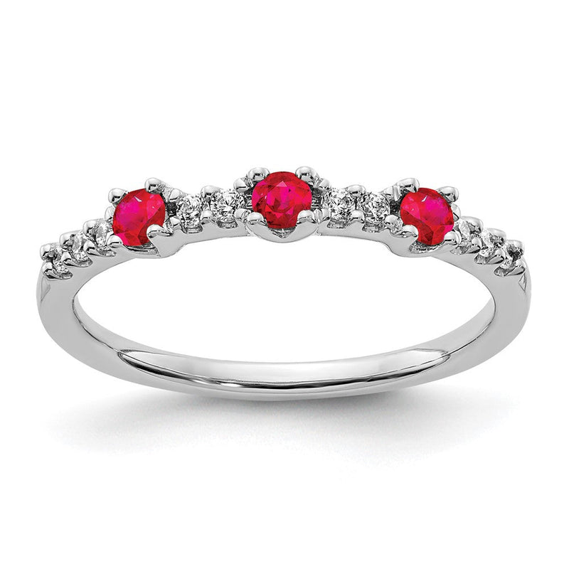 14K Weißgold Dreistein-Ring mit natürlichem Diamant und Rubin