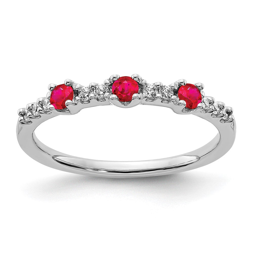 14K Weißgold Ring mit echten Diamanten und Rubin, 3 Steine