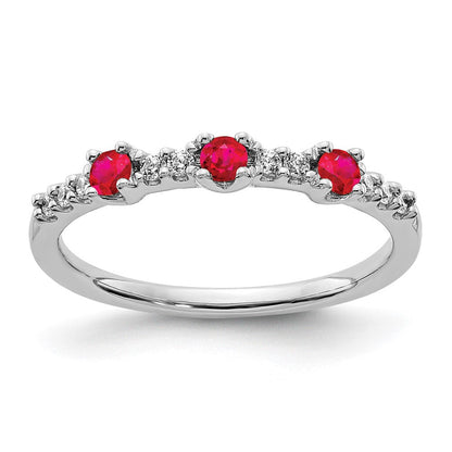 14K Weißgold Ring mit echten Diamanten und Rubin, 3 Steine