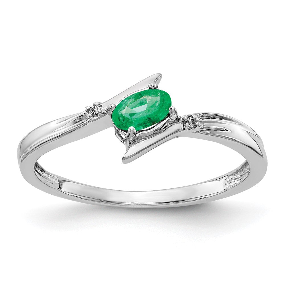 14K Weißgold Ring mit Diamant und Smaragd im Ovalschliff, poliert, im Bypass-Design