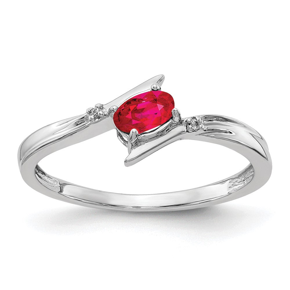 14K Weißgold polierter Bypass-Ring mit ovalem echtem Diamant und Rubin
