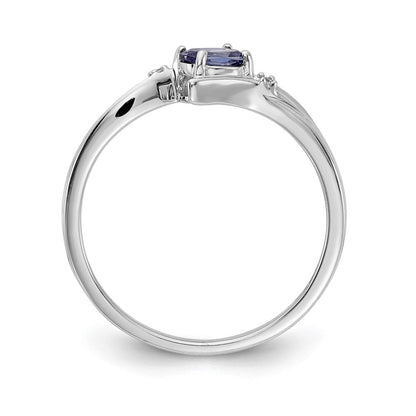 14K Weißgold Polierter Ring mit ovalem echtem Diamant und Blauem Saphir, Bypass-Design