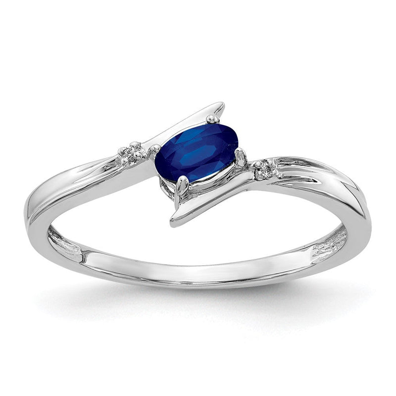 14K Weißgold Ring mit poliertem Oval-Design, natürlichem blauem Saphir und Diamant in Bypass-Fassung