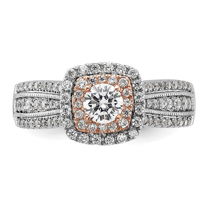 10K Zweifarbiger Rosé- und Weißgold-Verlobungsring mit 0,875 ct. im Labor gezüchteten Diamanten VS/SI+ G+, rund, Fancy-Halo-Fassung
