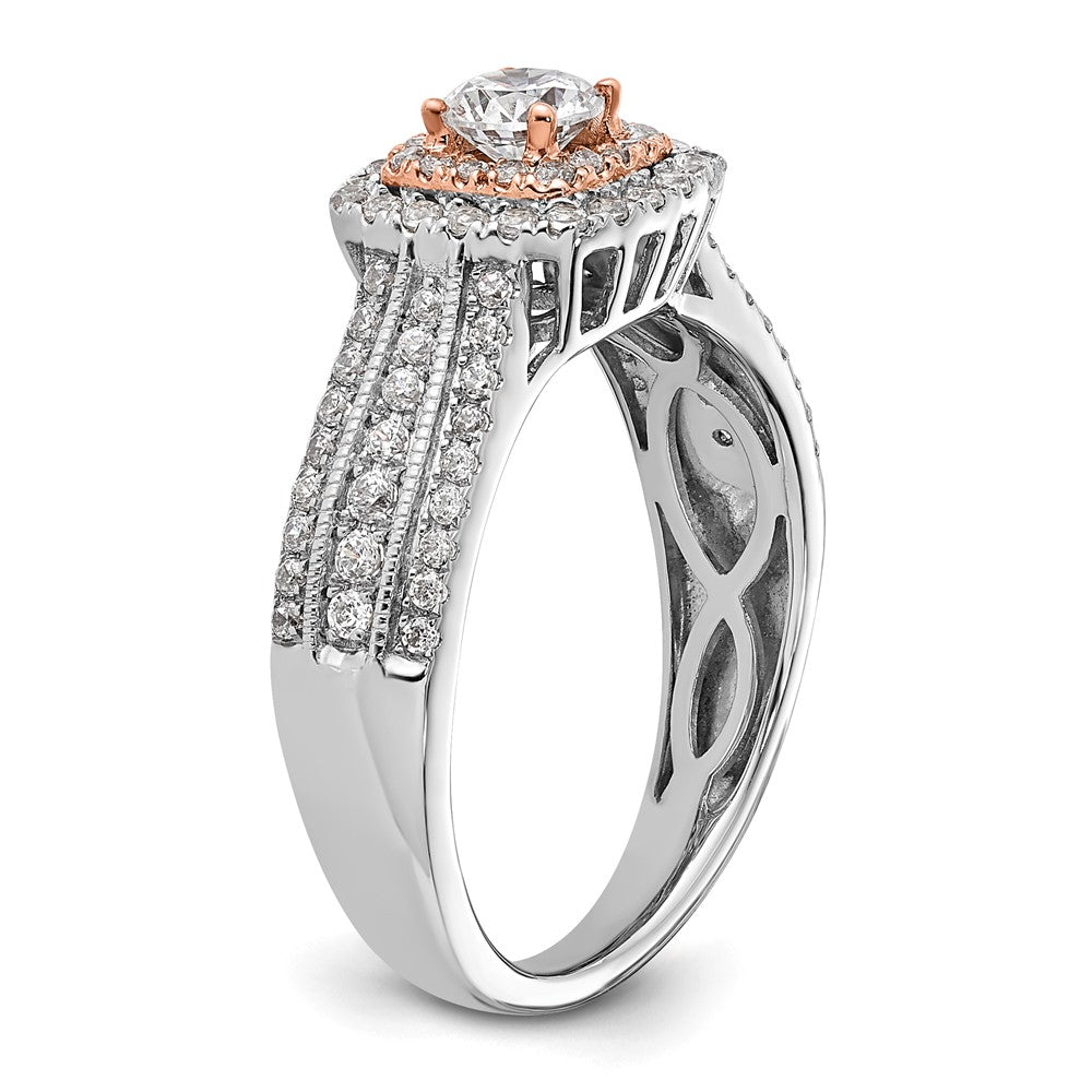 14K Two-Tone Rosé- und Weißgold 0,875 ct. Labor gezüchteter Diamant VS/SI+ G+ Rund Komplett Fancy Halo Verlobungsring