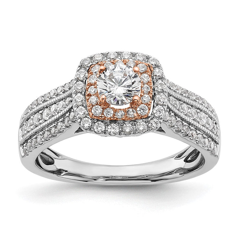 14K Two-Tone Rosé- und Weißgold 0,875 ct. Labor gezüchteter Diamant VS/SI+ G+ Rund Komplett Fancy Halo Verlobungsring