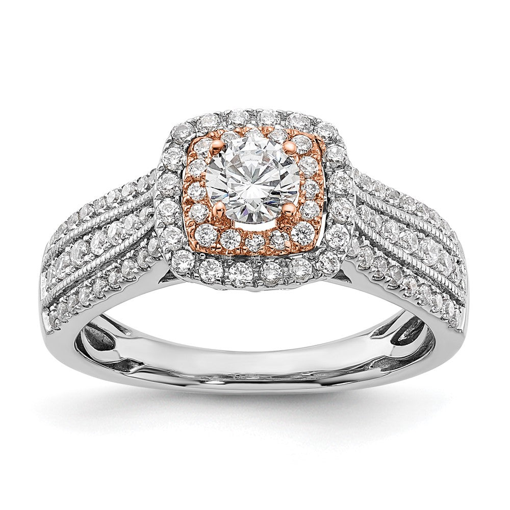 10K Zweifarbiger Rosé- und Weißgold-Verlobungsring mit 0,875 ct. im Labor gezüchteten Diamanten VS/SI+ G+, rund, Fancy-Halo-Fassung