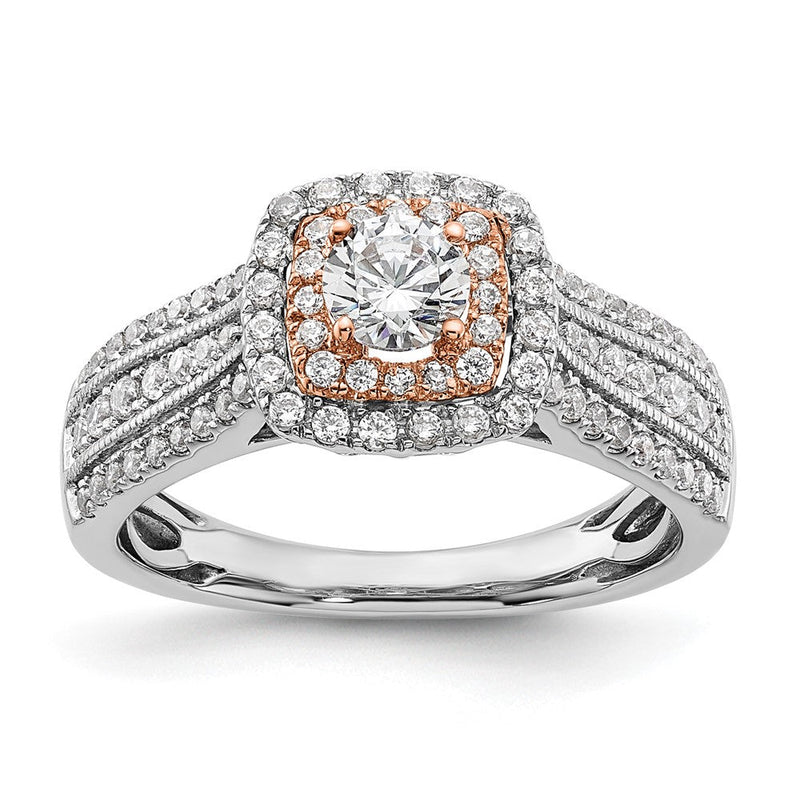 10K Zweifarbiger Rosé- und Weißgold-Verlobungsring mit 0,875 ct. im Labor gezüchteten Diamanten VS/SI+ G+, rund, Fancy-Halo-Fassung