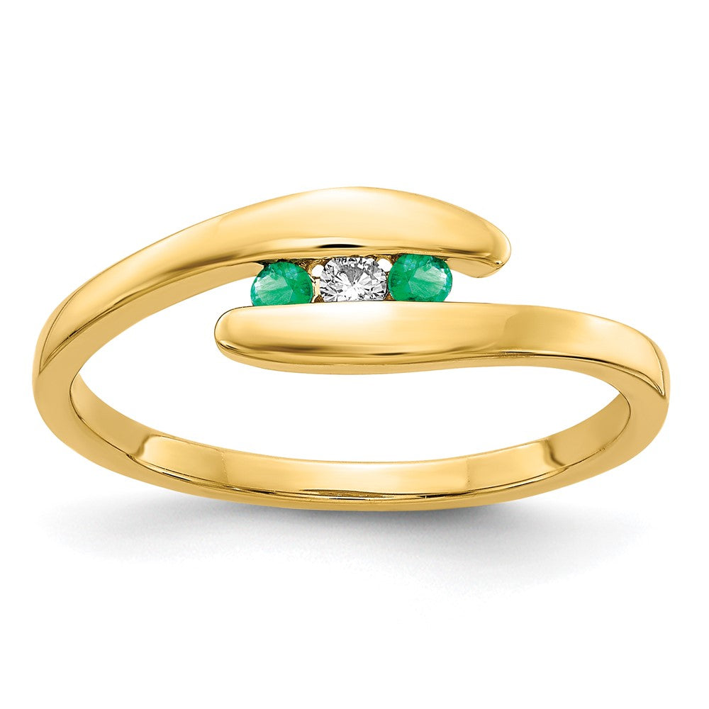 14K Gelbgold Ring mit Smaragd und echten Diamanten, 3 Steine