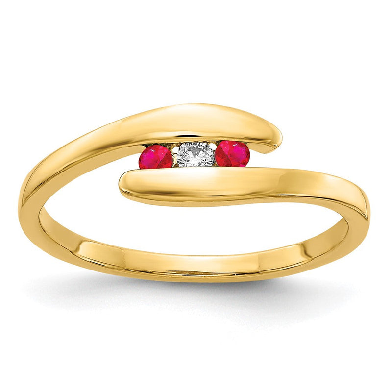 14K Gelbgold Dreistein-Ring mit Rubin und natürlichem Diamant