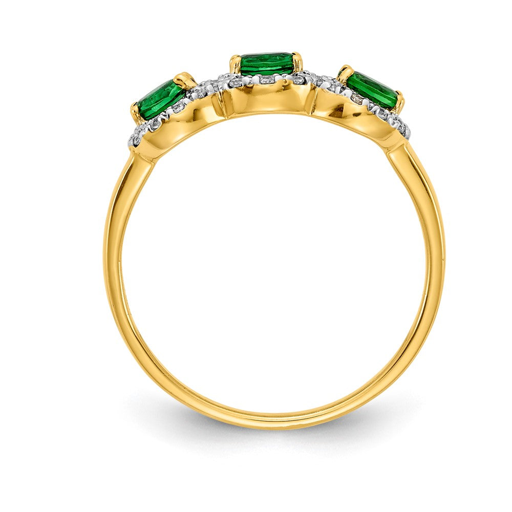 14K Gelbgold Ring mit Smaragd und echten Diamanten, 3 Steine