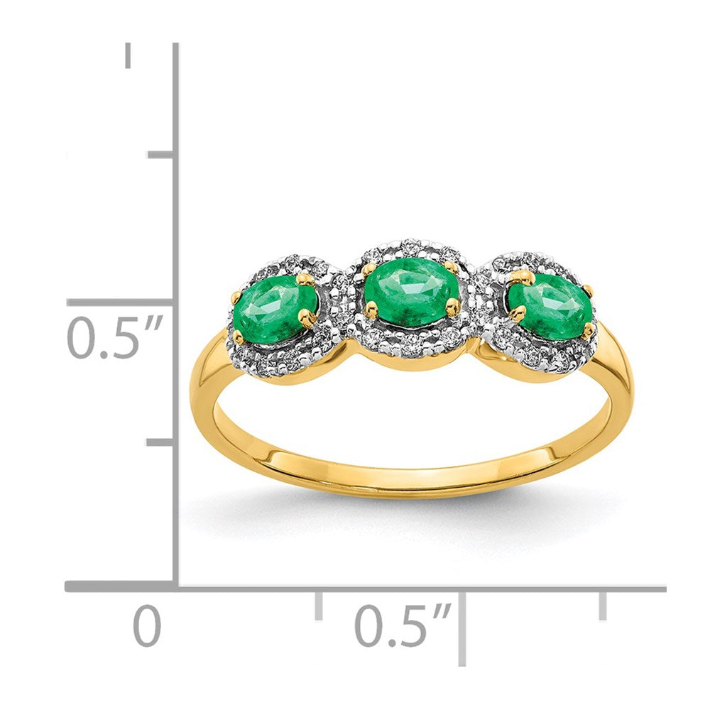 14K Gelbgold Ring mit Smaragd und echten Diamanten, 3 Steine