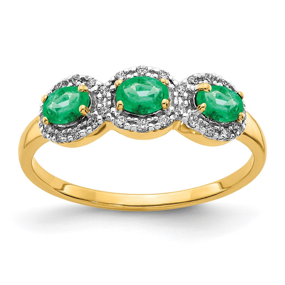14K Gelbgold Ring mit Smaragd und echten Diamanten, 3 Steine