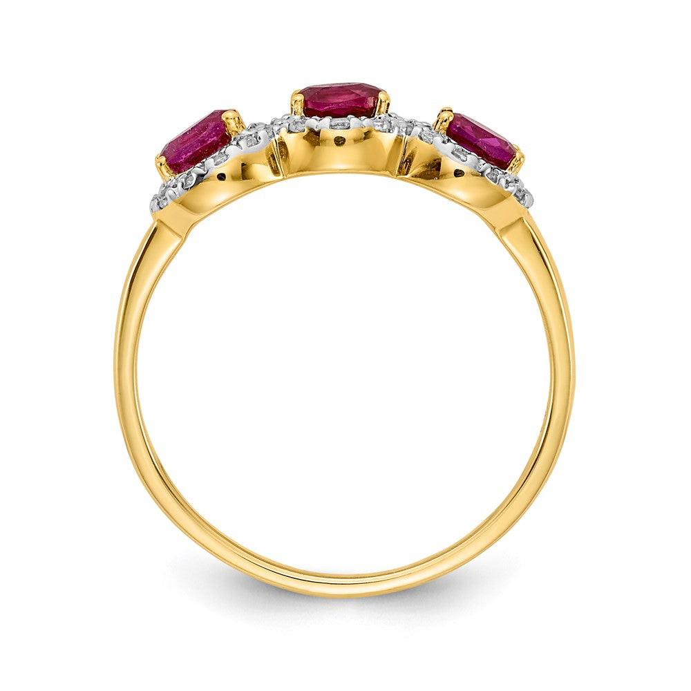14K Gelbgold Ring mit Komposit-Rubin und echten Diamanten, 3 Steine