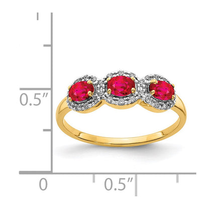 14K Gelbgold Ring mit Komposit-Rubin und echten Diamanten, 3 Steine