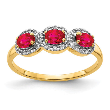 14K Gelbgold Ring mit Komposit-Rubin und echten Diamanten, 3 Steine