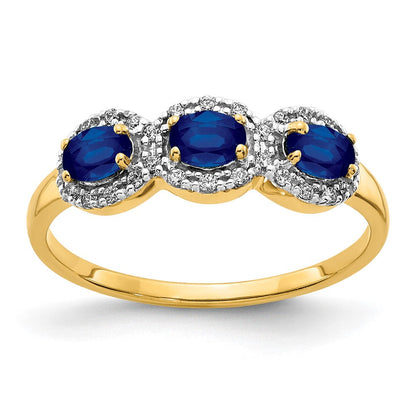 14K Gelbgold Saphir- und Echtdiamant-Dreistein-Ring