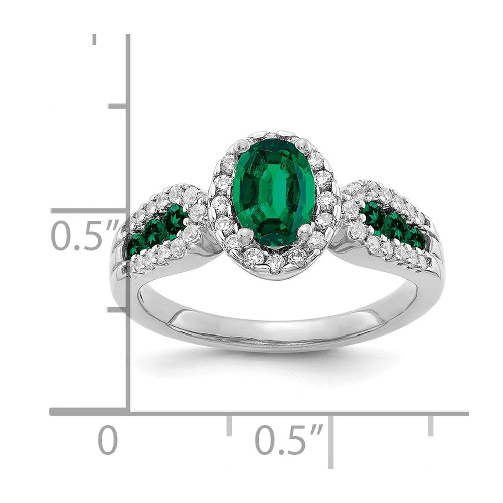 14K Weißgold Ring mit 0,33 ct. im Labor gezüchteten Diamanten VS/SI+ G+ und im Labor gezüchtetem Smaragd im Ovalschliff