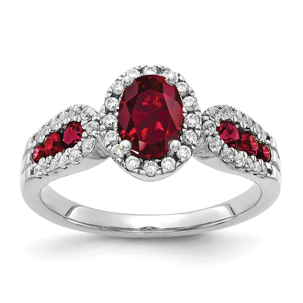 10K Weißgold Ring mit 0,33 ct. laborgezüchtetem Diamant VS/SI+ G+ und ovalem laborgezüchtetem Rubin