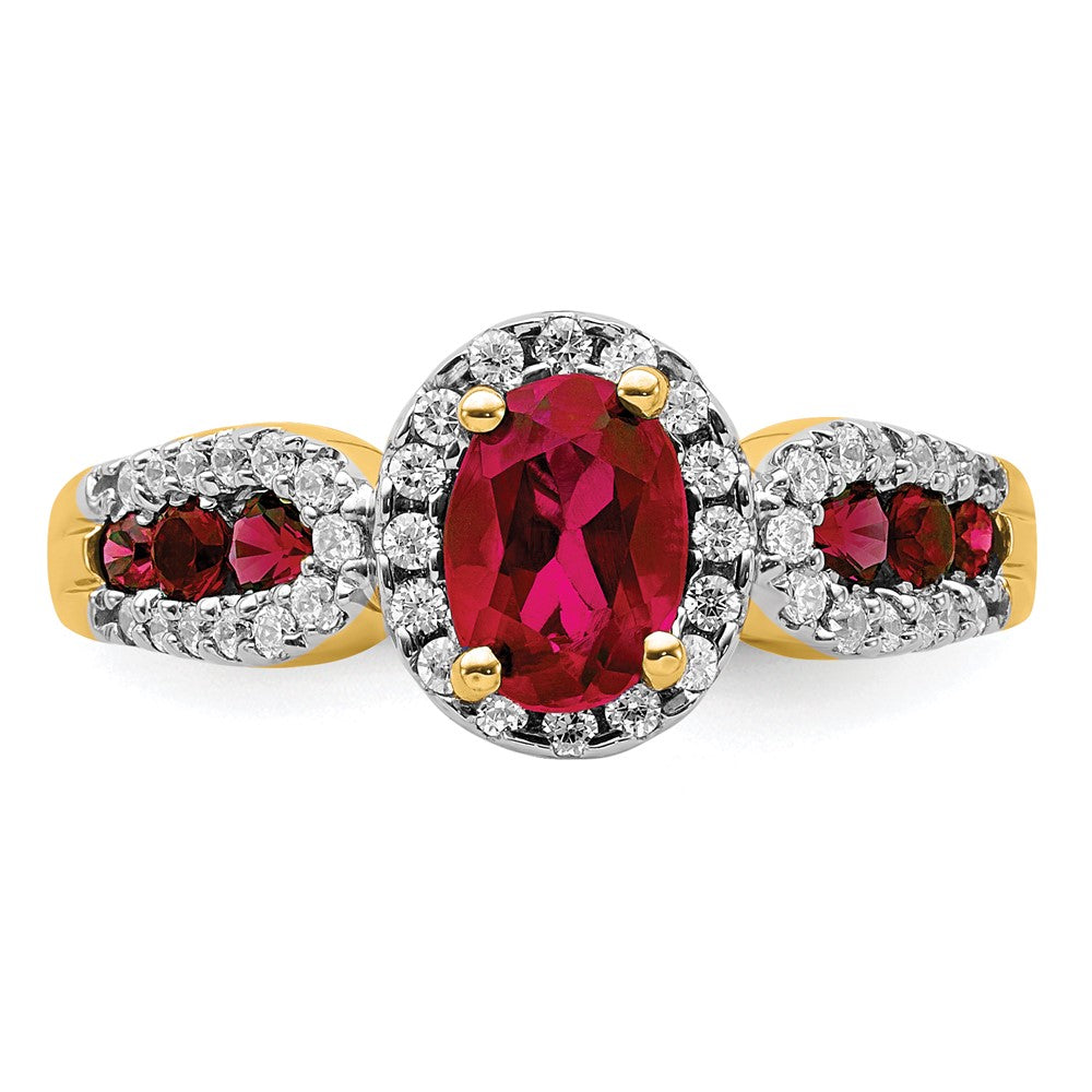 14K Gelbgold Ring mit 0,33 ct. Labor gezüchtetem Diamant VS/SI+ G+ und ovalem, im Labor gezüchtetem Rubin