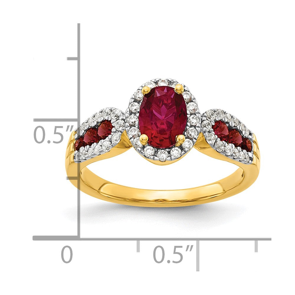 14K Gelbgold Ring mit 0,33 ct. Labor gezüchtetem Diamant VS/SI+ G+ und ovalem, im Labor gezüchtetem Rubin