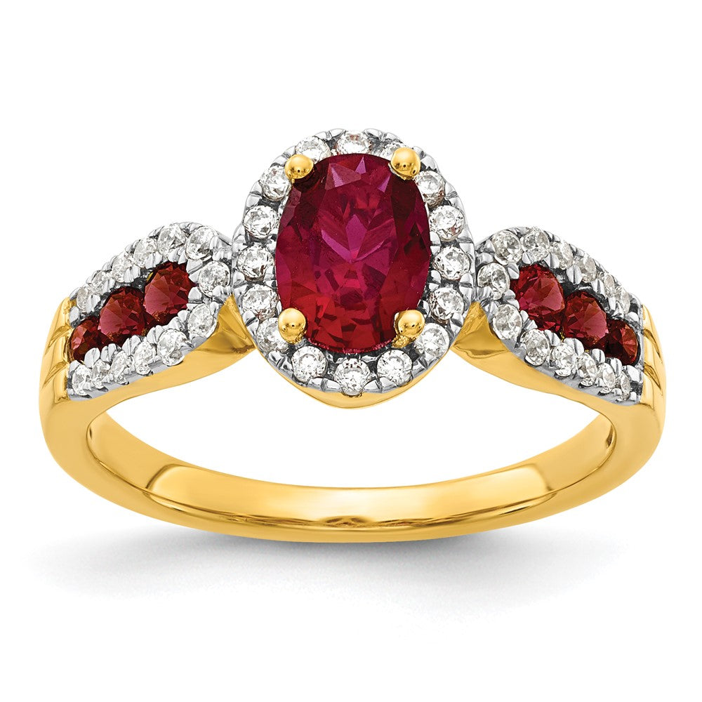 14K Gelbgold Ring mit 0,33 ct. Labor gezüchtetem Diamant VS/SI+ G+ und ovalem, im Labor gezüchtetem Rubin