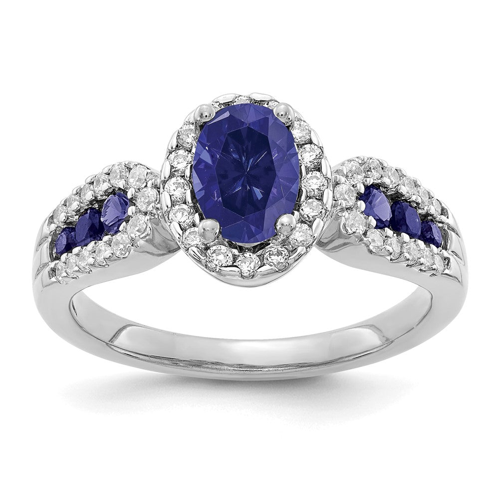 10K-Weißgold-Ring mit 0,33 ct. laborgezüchteten Diamanten (VS/SI+, G+) und ovalem laborgezüchteten blauen Saphir