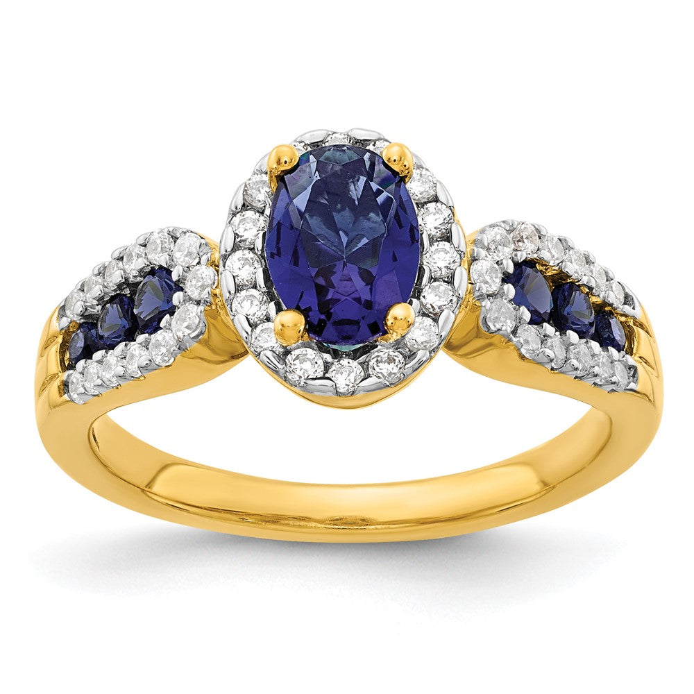 14K Gelbgold Ring mit 0,33 ct. Labordiamant VS/SI+ G+ und ovalem blauem Laborsaphir