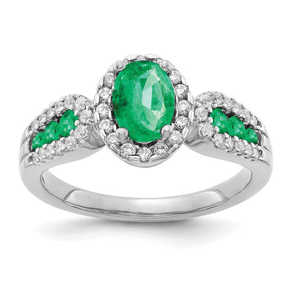 14K Weißgold Ring mit echten Diamanten und ovalem Smaragd