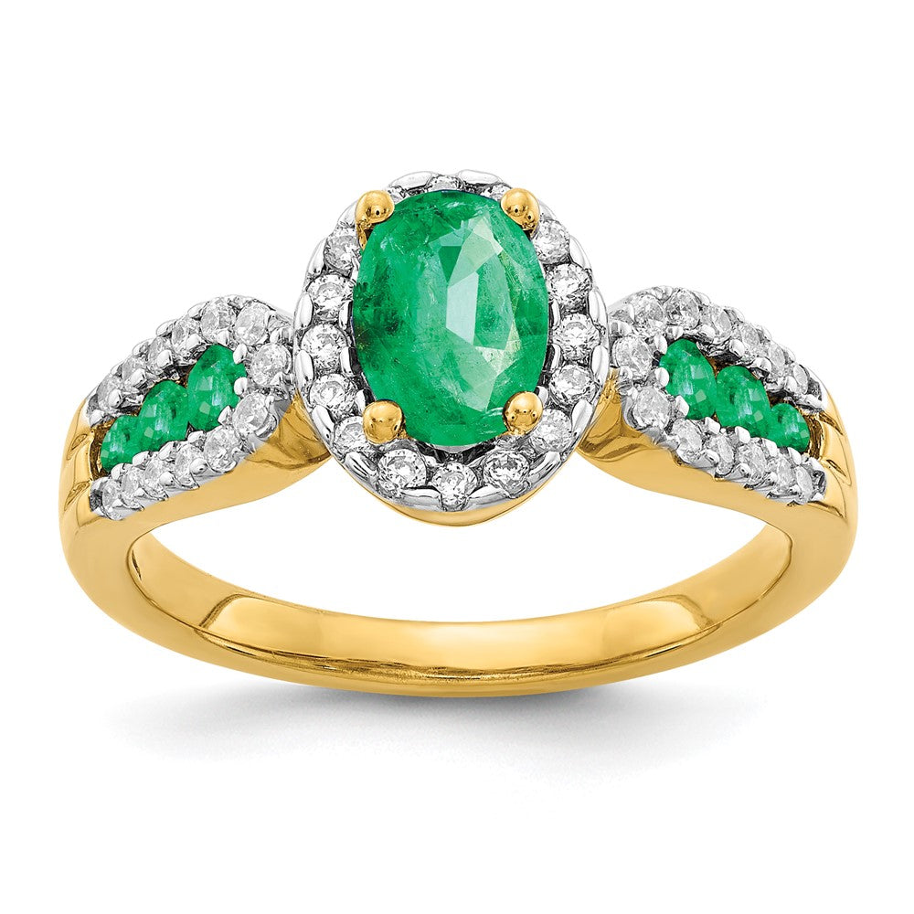 14K Gelbgold Ring mit echten Diamanten und ovalem Smaragd