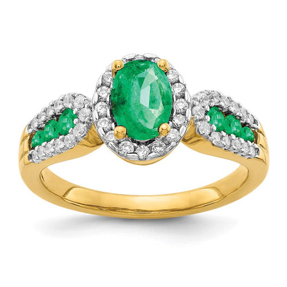 14K Gelbgold Ring mit echten Diamanten und ovalem Smaragd