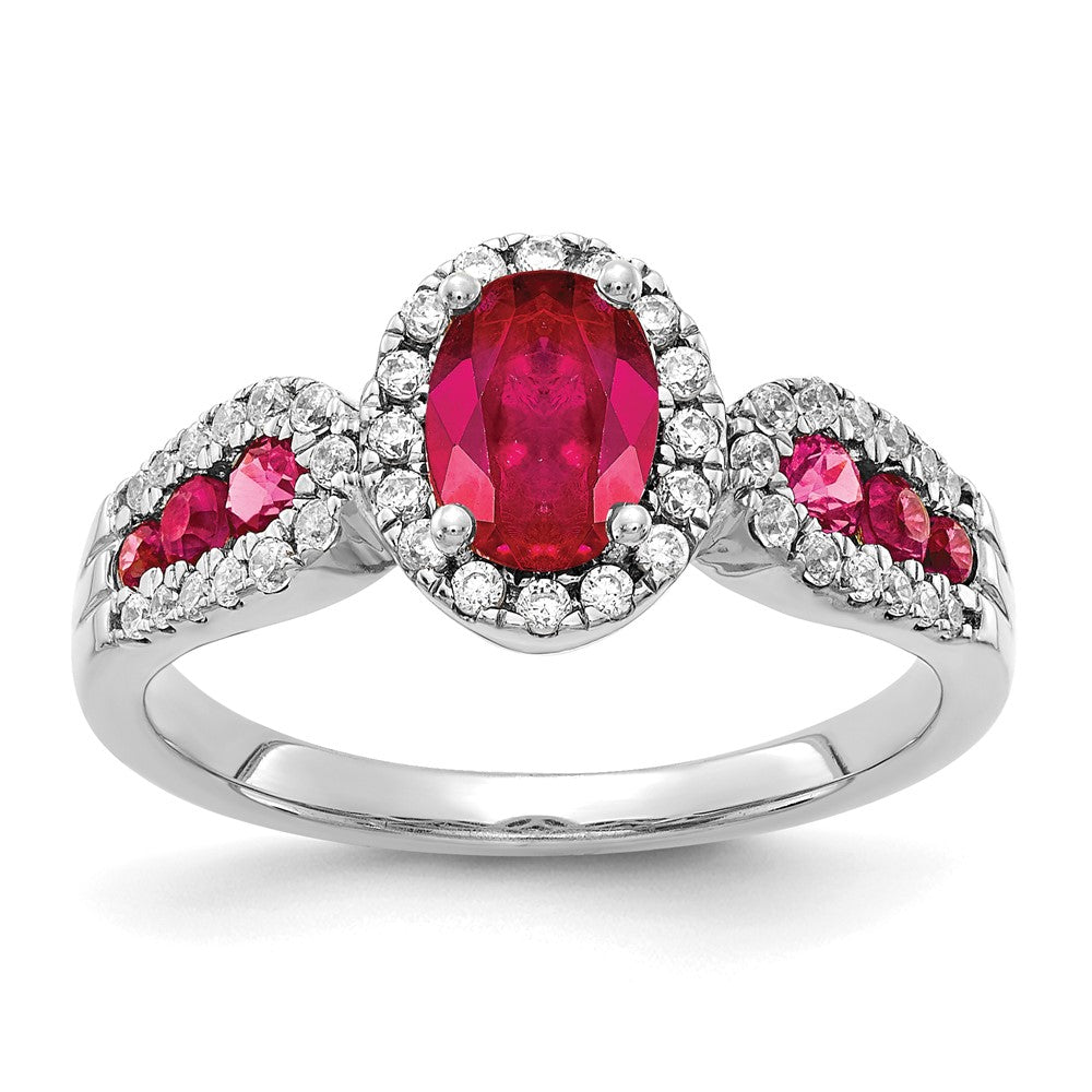 14K Weißgold Ring mit echtem Diamant und ovalem Rubin