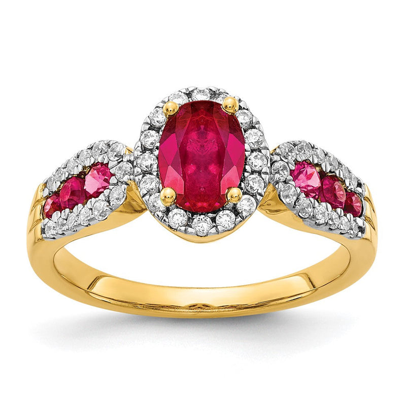 14K Gelbgold Ring mit natürlichen Diamanten und ovalem Rubin